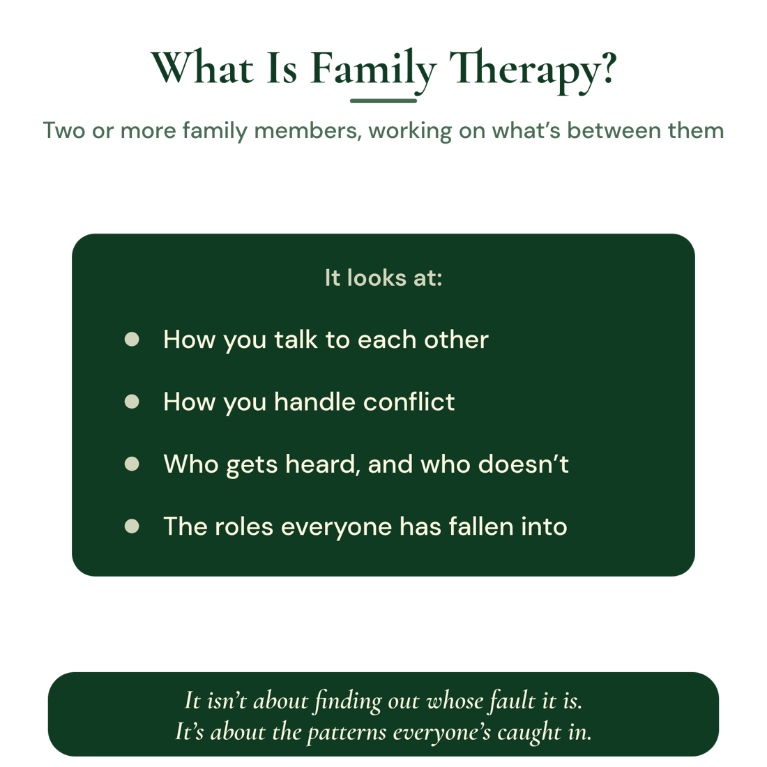 What is family therapy: two or more family members, working on what’s between them. It looks at how you talk to each other, how you handle conflict, who gets heard and who doesn’t, and the roles everyone has fallen into. It isn’t about finding out whose fault it is. It’s about the patterns everyone’s caught in.